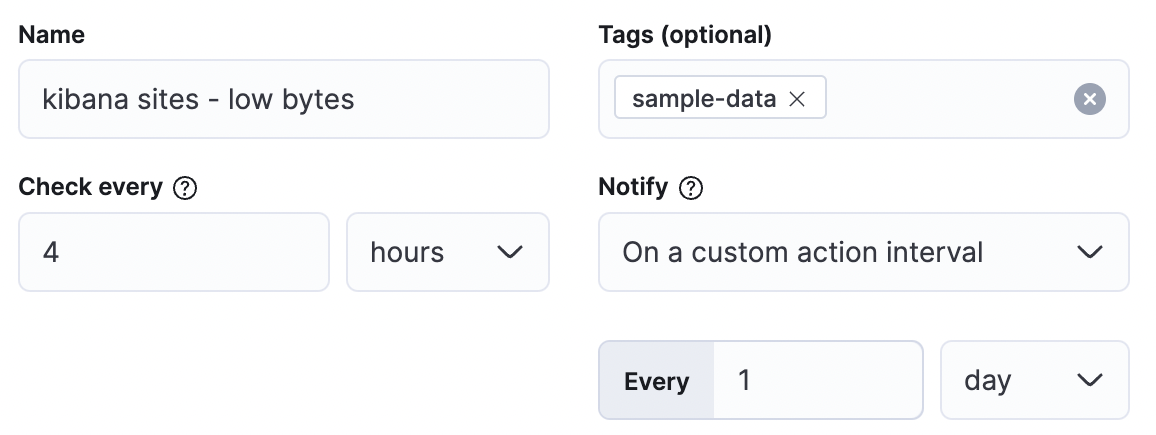 All rules have name, tags, check every, and notify properties in common