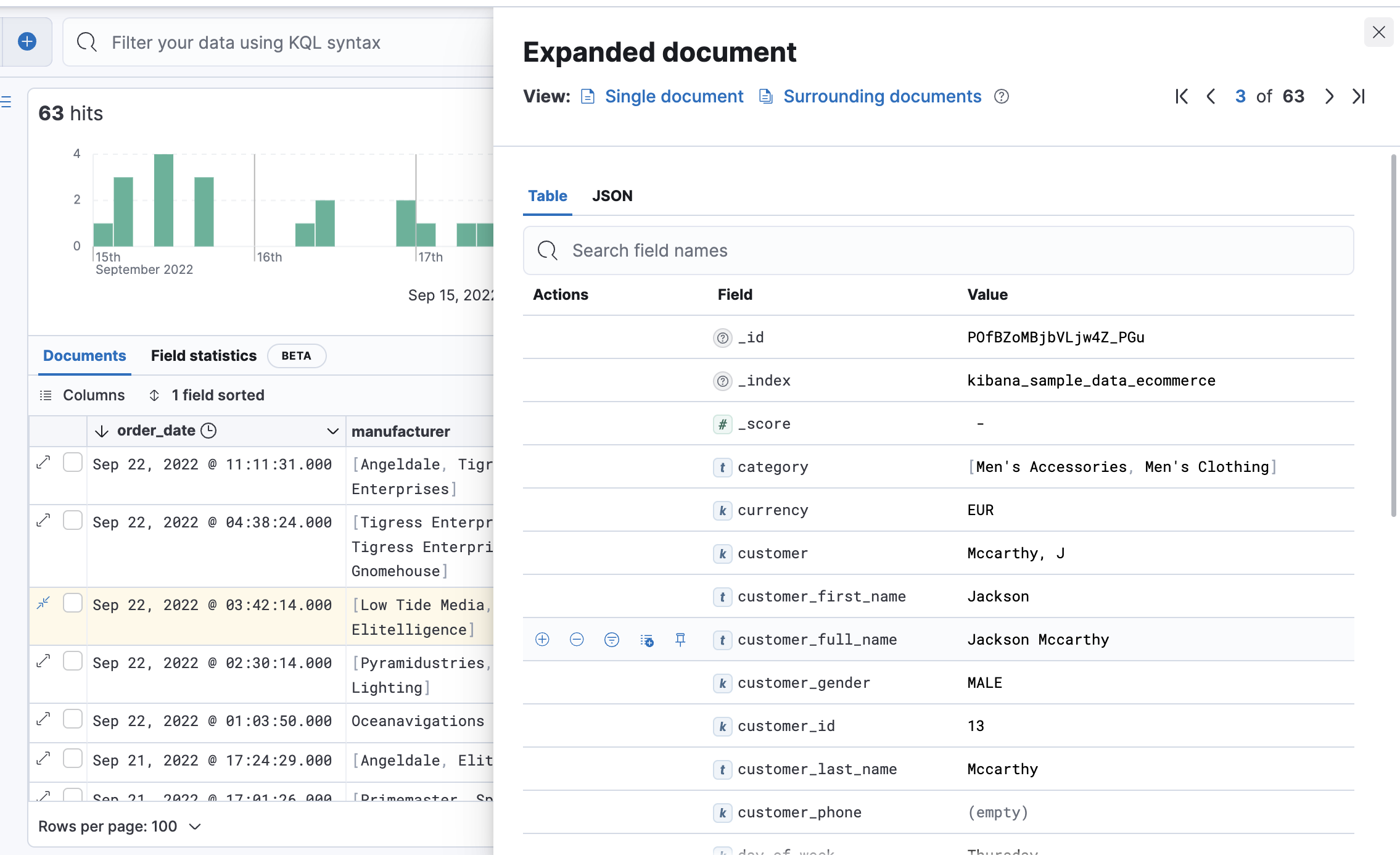 Table view with document expanded