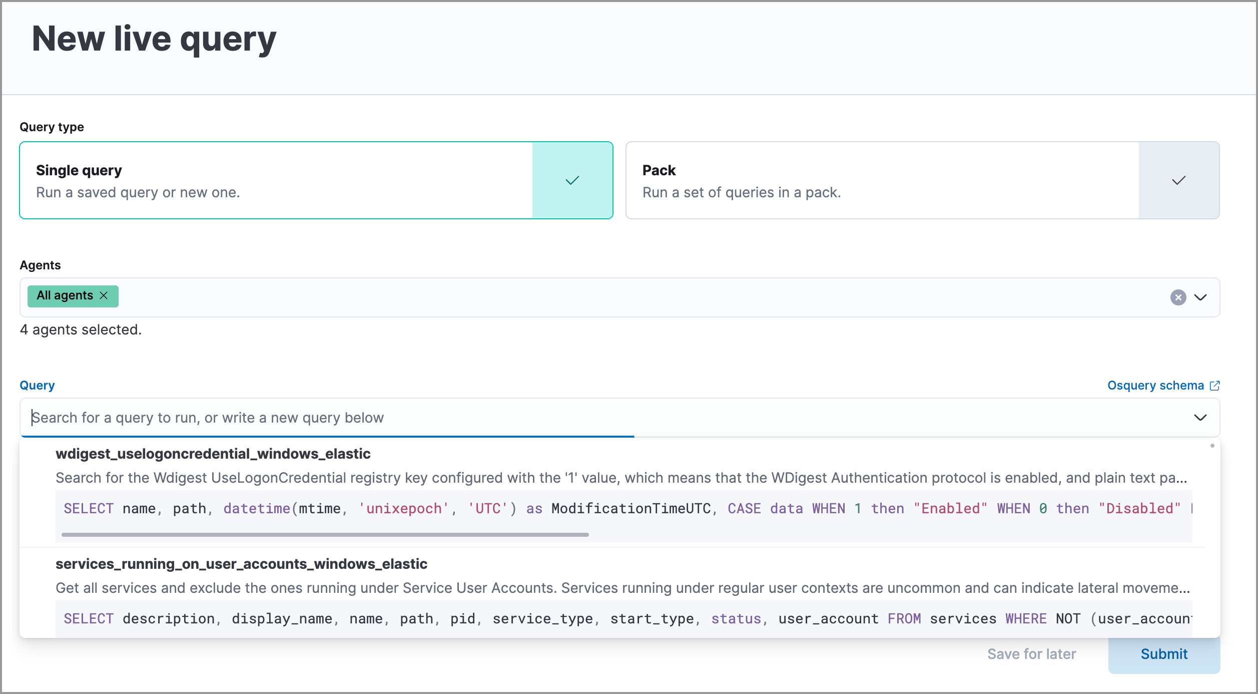 Select saved query dropdown name showing query name and description