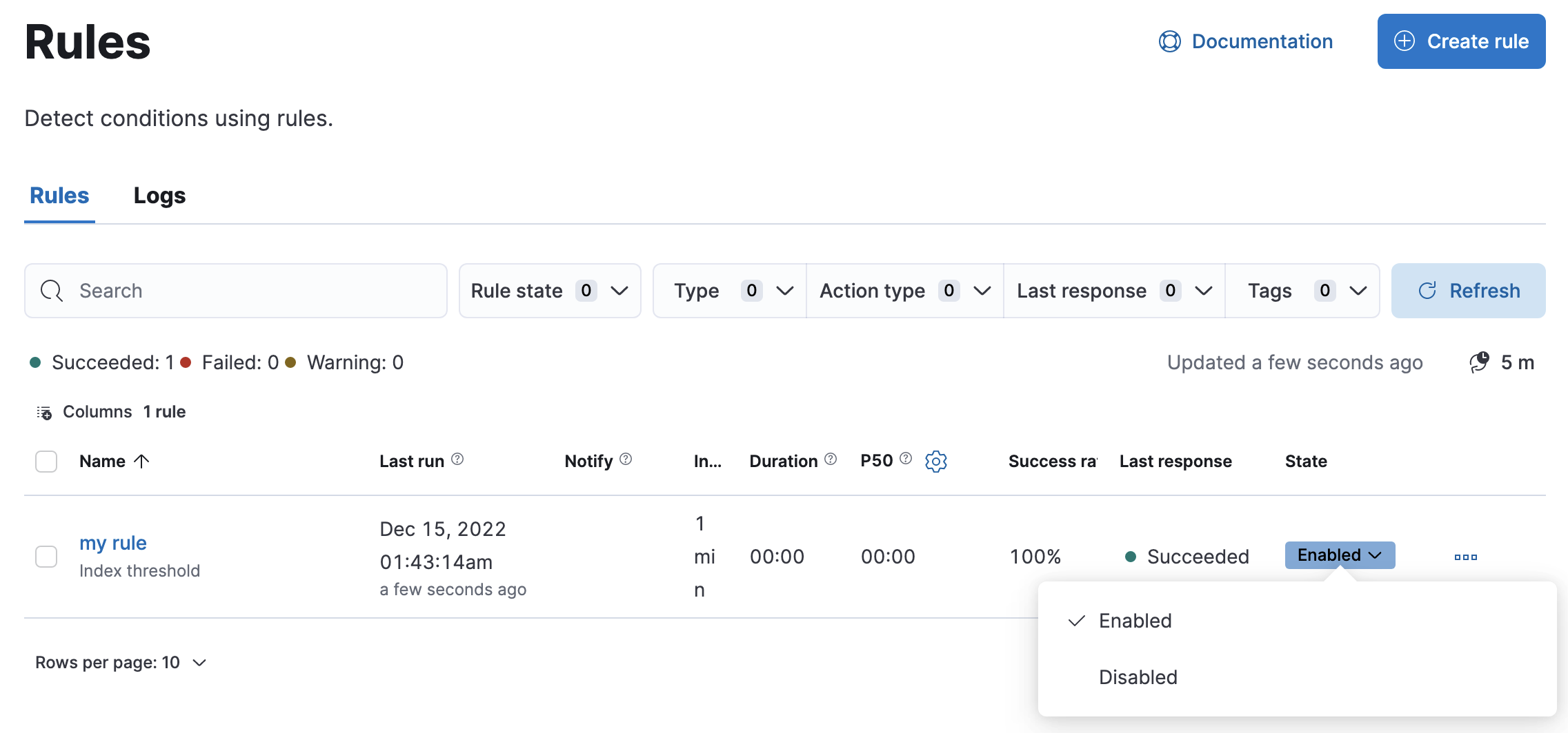 Use the rule status dropdown to enable or disable an individual rule