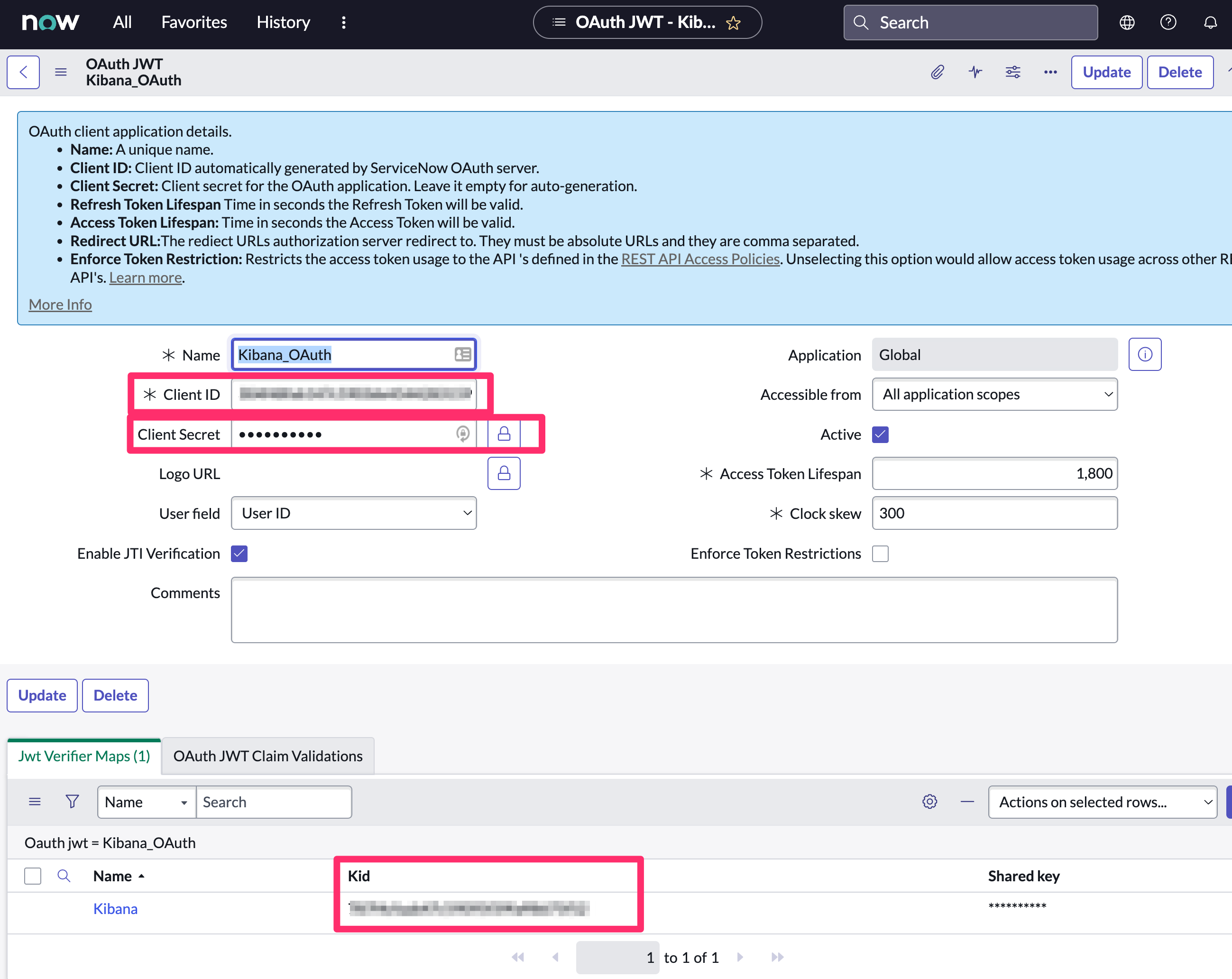 Shows where to find OAuth values in ServiceNow