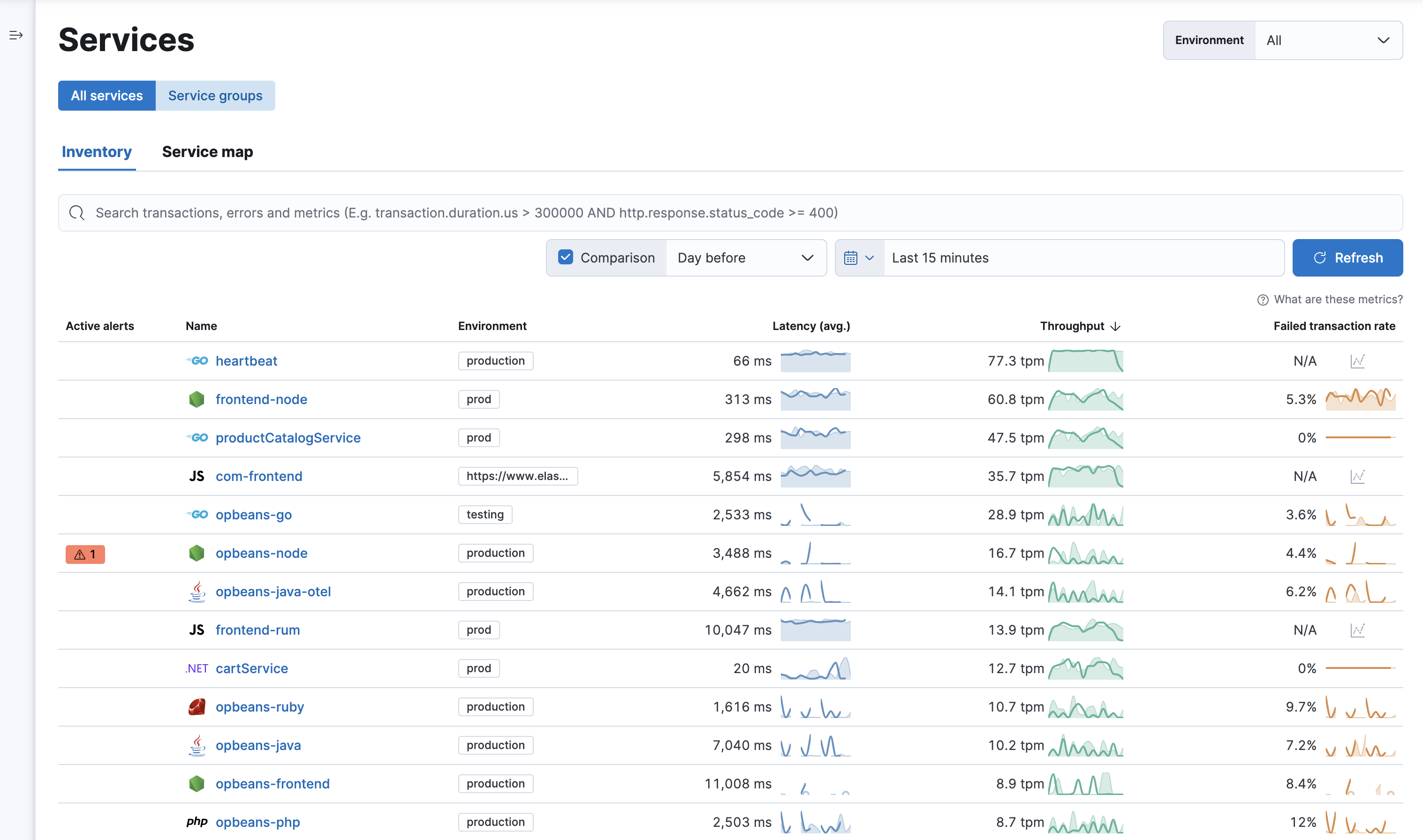 Example view of services table the APM app in Kibana