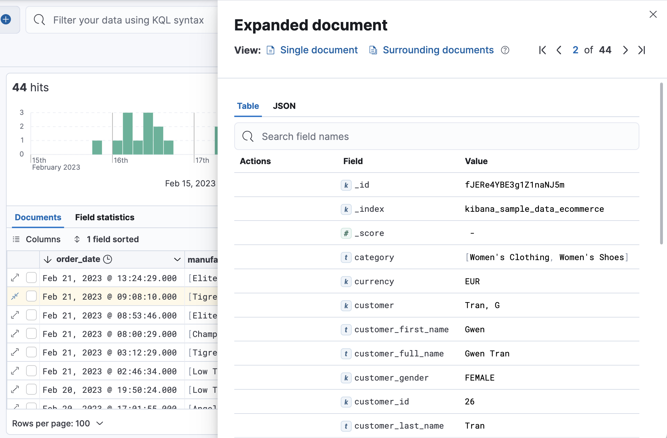 Table view with document expanded