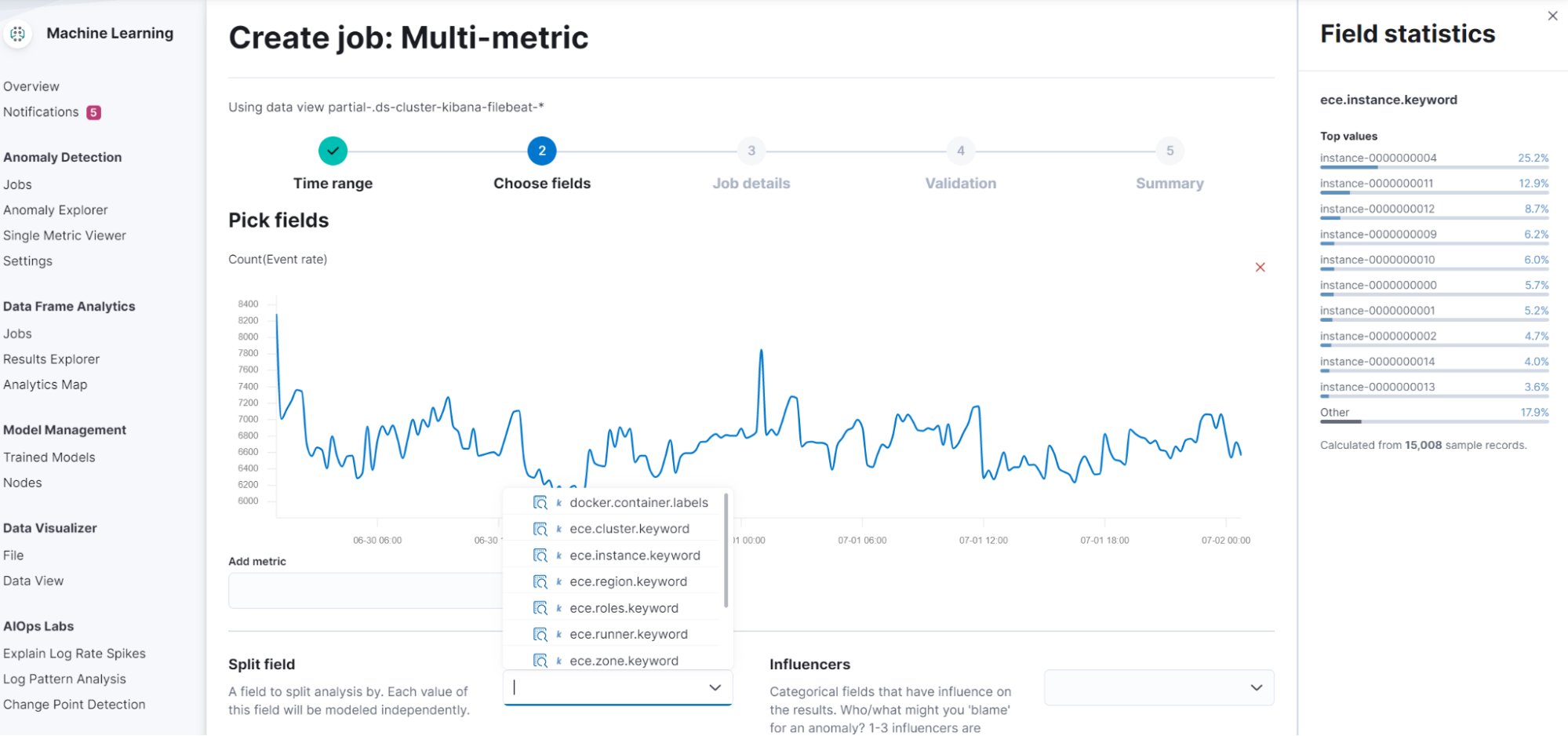 New view of field statistics in machine learning jobs and transform wizards