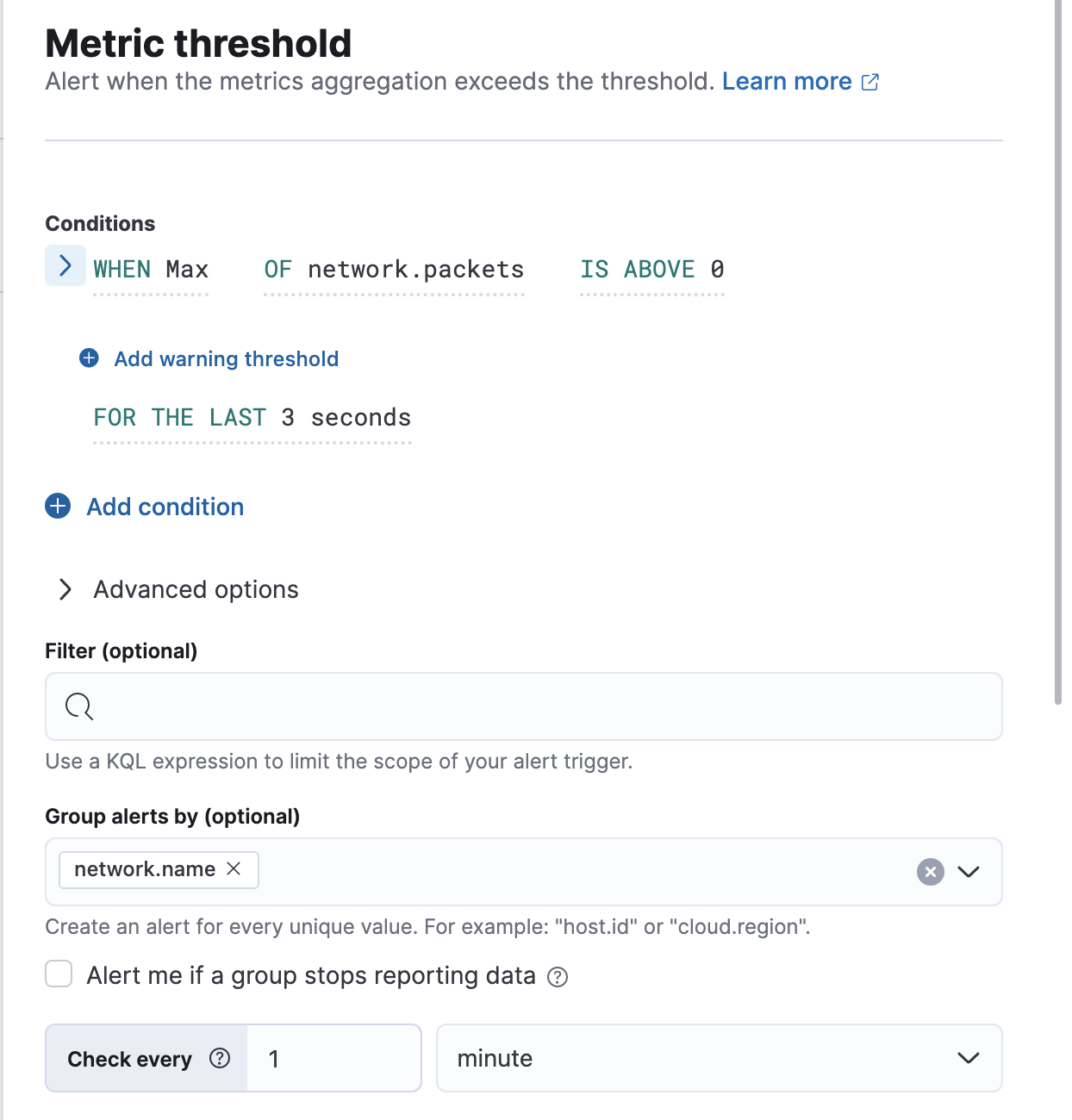 UI for defining rule conditions on a metric threshold rule