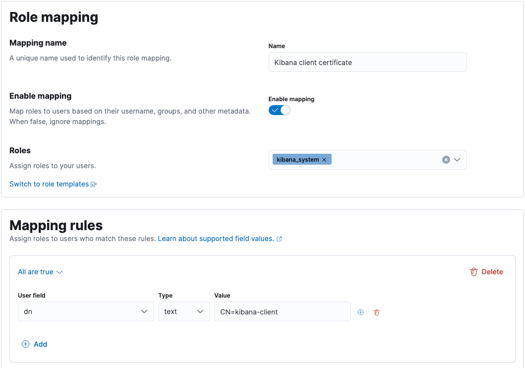 Role mapping for the Kibana client certificate