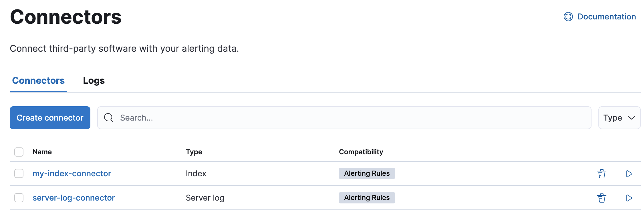 Example connector listing in the Rules UI