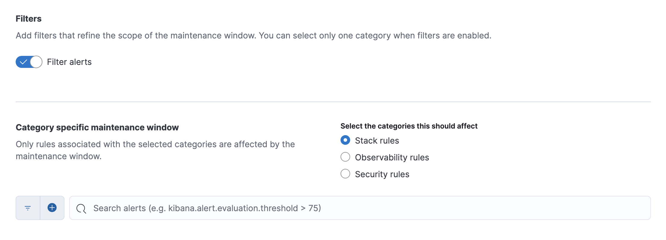 The Create Maintenance Window user interface in Kibana with alert filters turned on