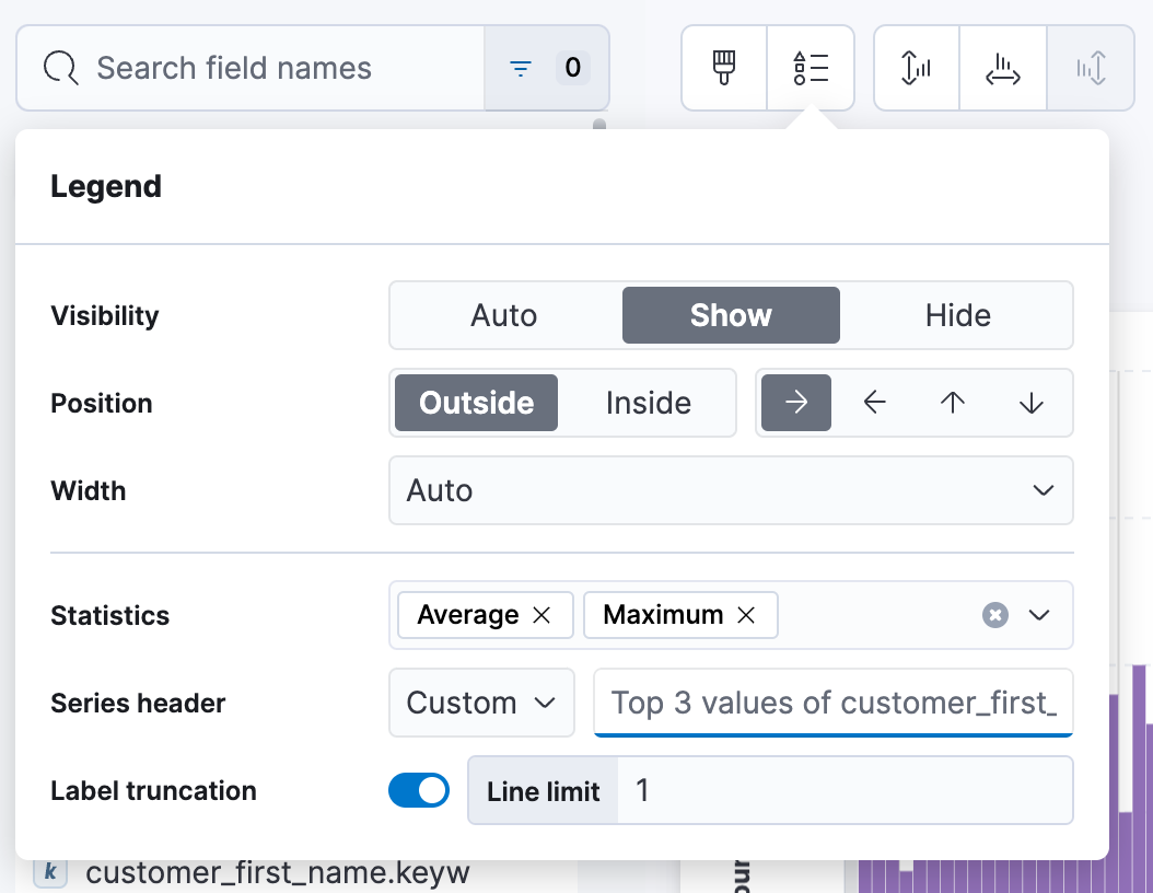 Menu with options to customize the legend of a visualization