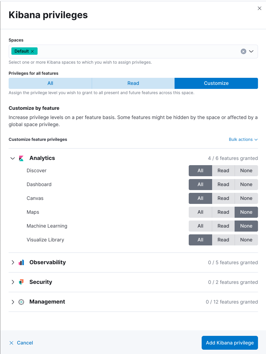 Kibana privileges with Reporting options, Basic license