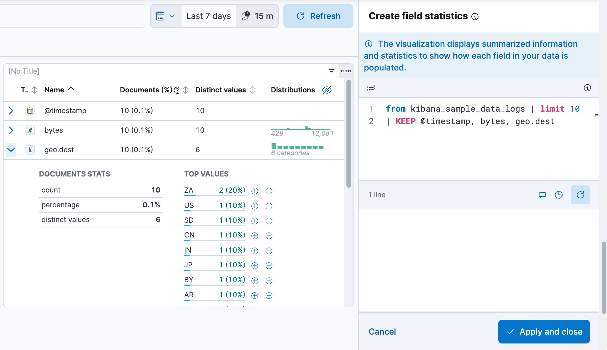 Editing a field statistics dashboard panel