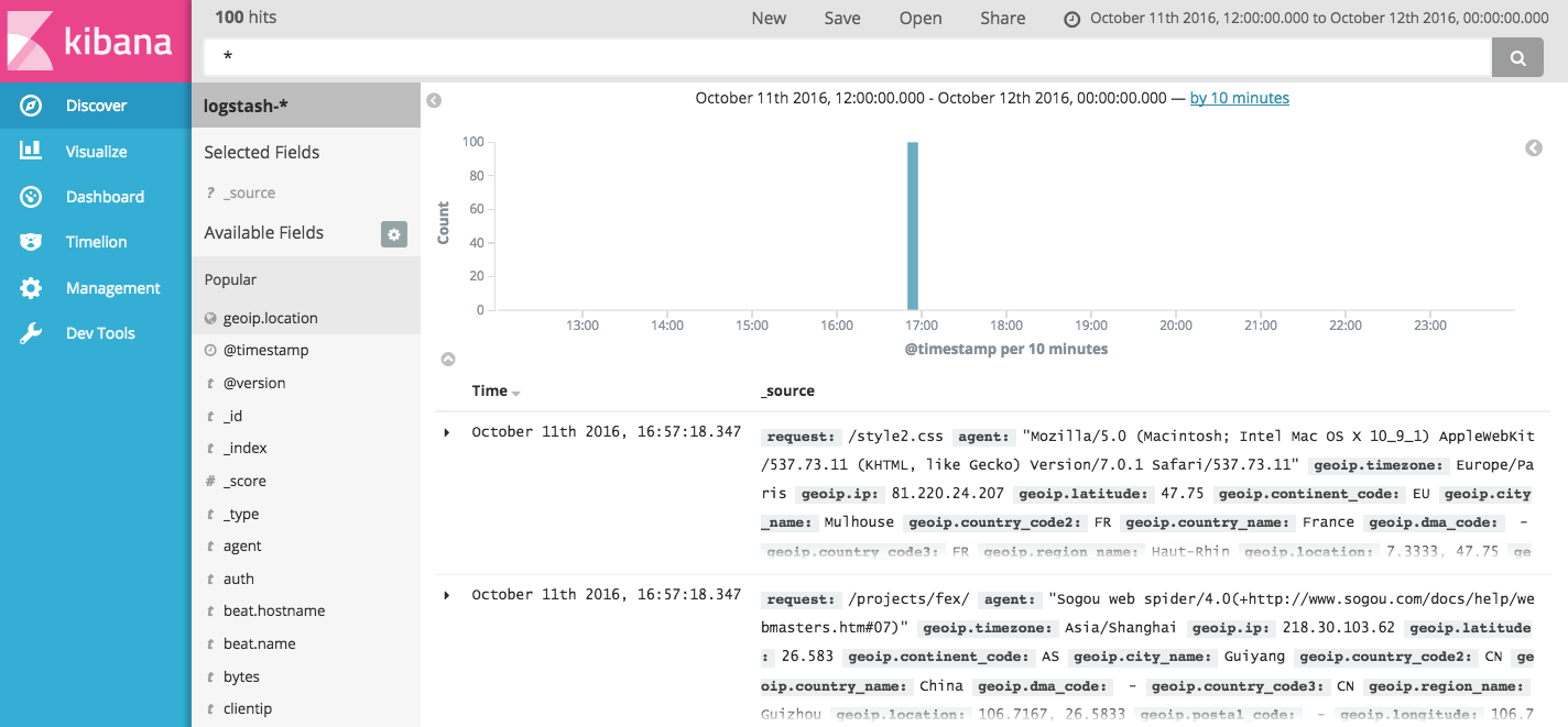 Discovering Filebeat data in Kibana