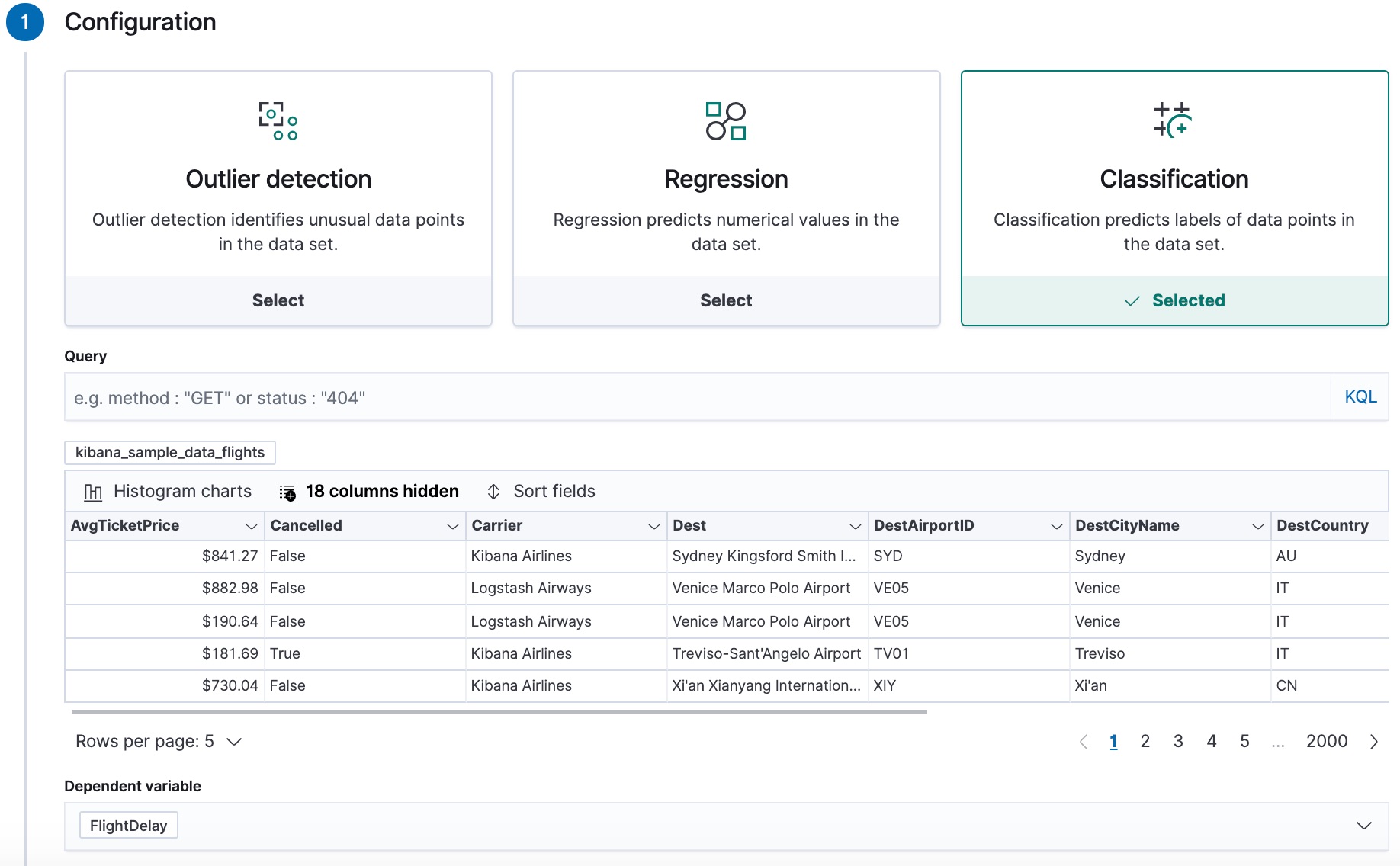 Creating a data frame analytics job in Kibana