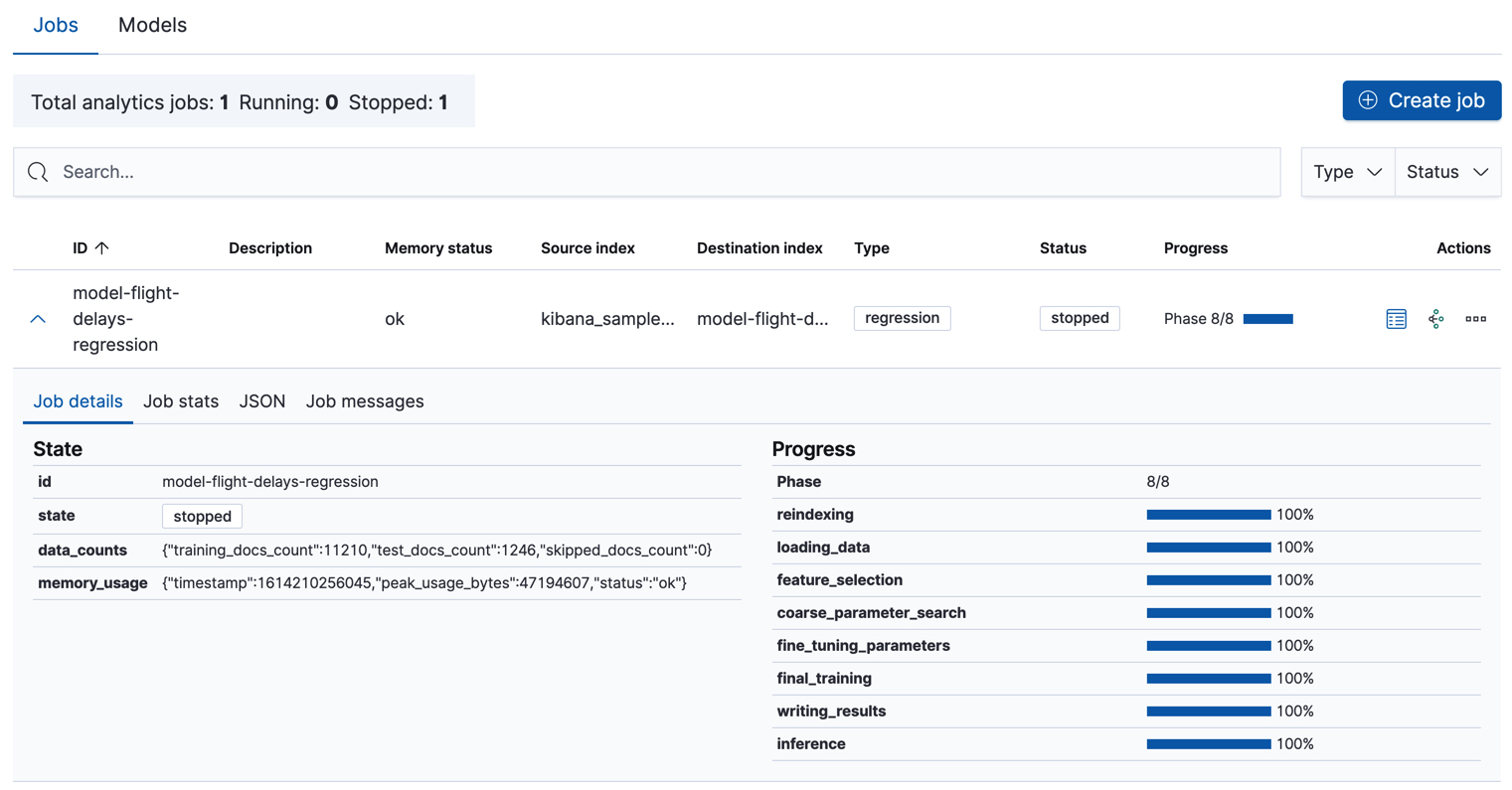 Statistics for a data frame analytics job in Kibana