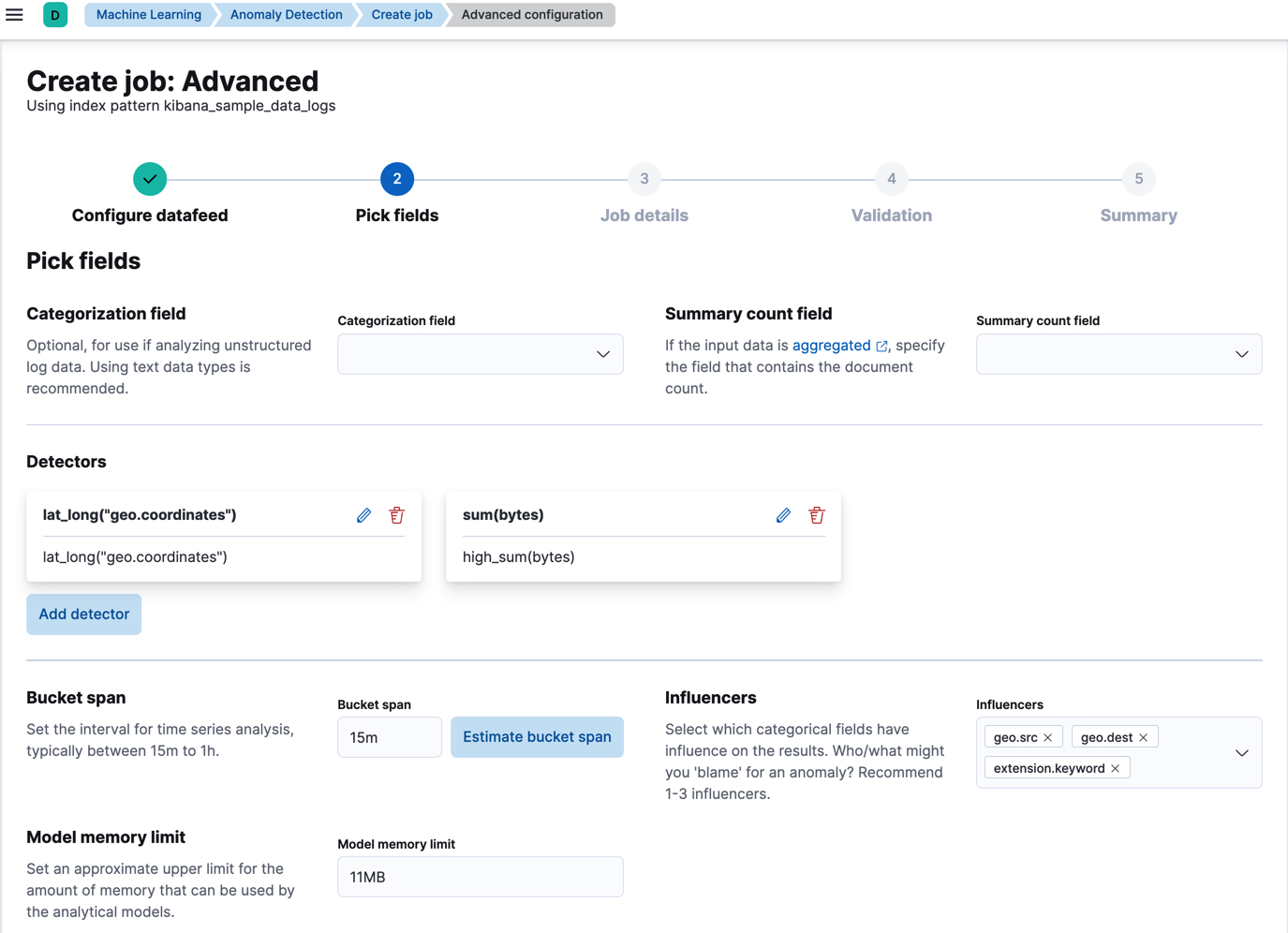 A screenshot of creating an anomaly detection job using the web logs data in Kibana