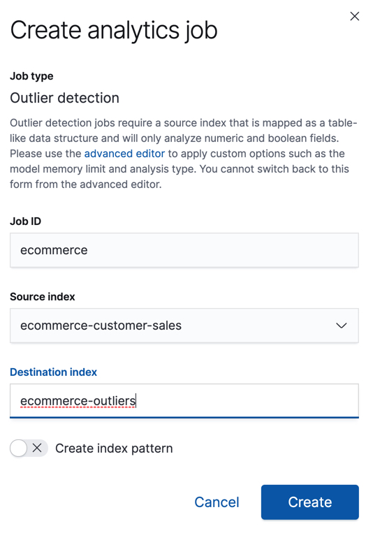 Create a data frame analytics job in Kibana