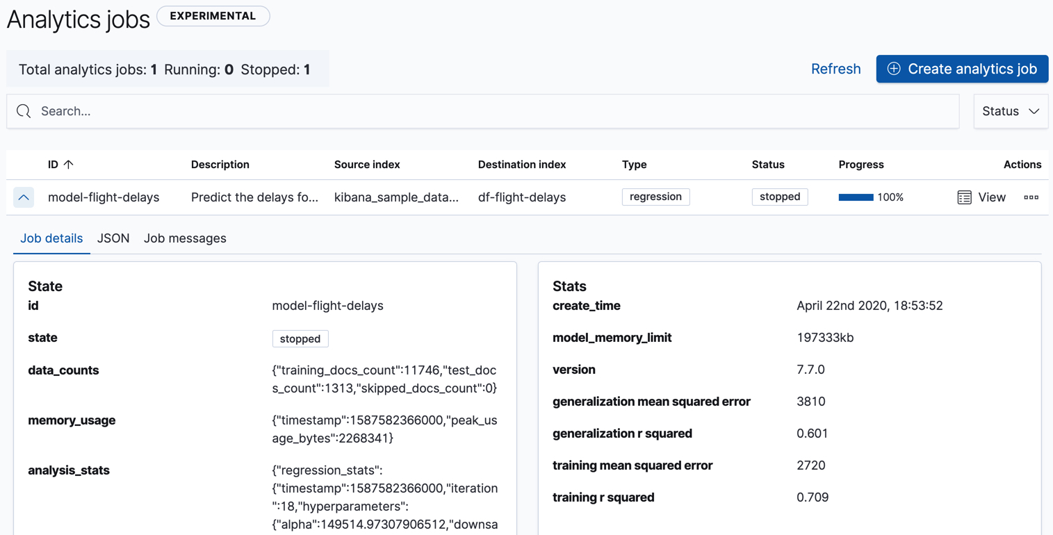 Statistics for a data frame analytics job in Kibana