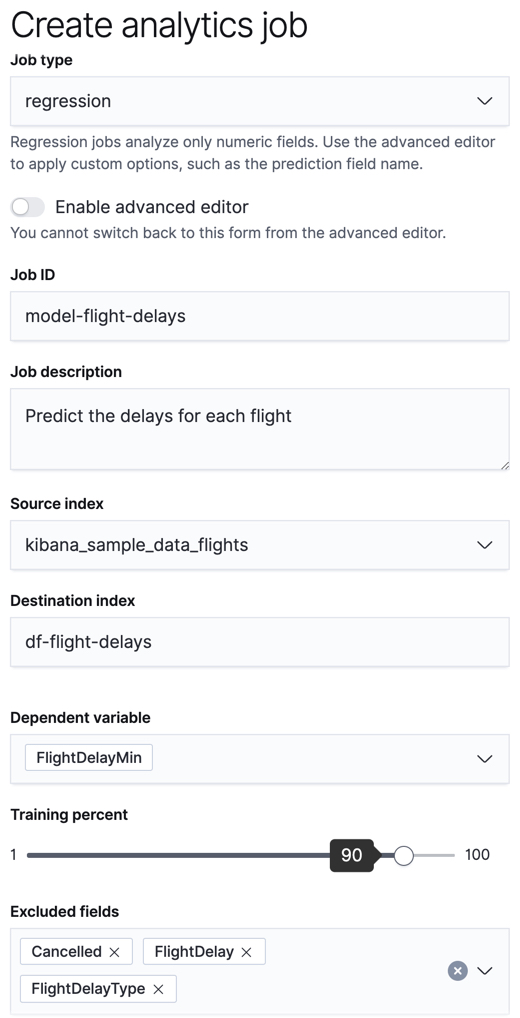 Creating a data frame analytics job in Kibana