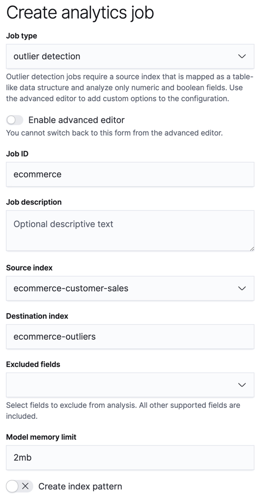 Create a data frame analytics job in Kibana