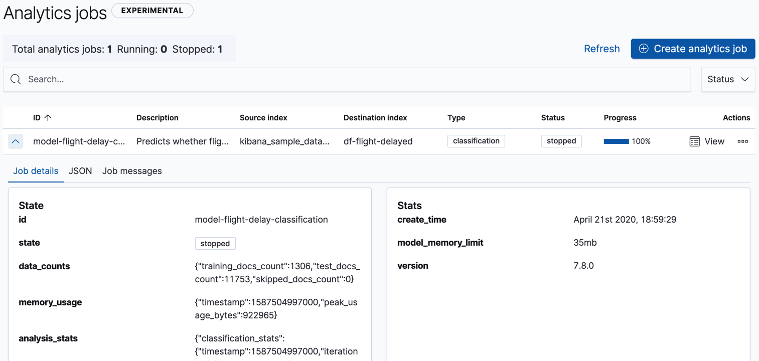 Statistics for a data frame analytics job in Kibana