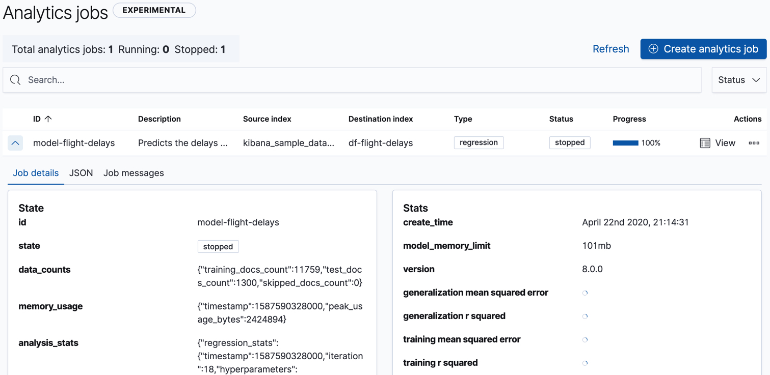 Statistics for a data frame analytics job in Kibana