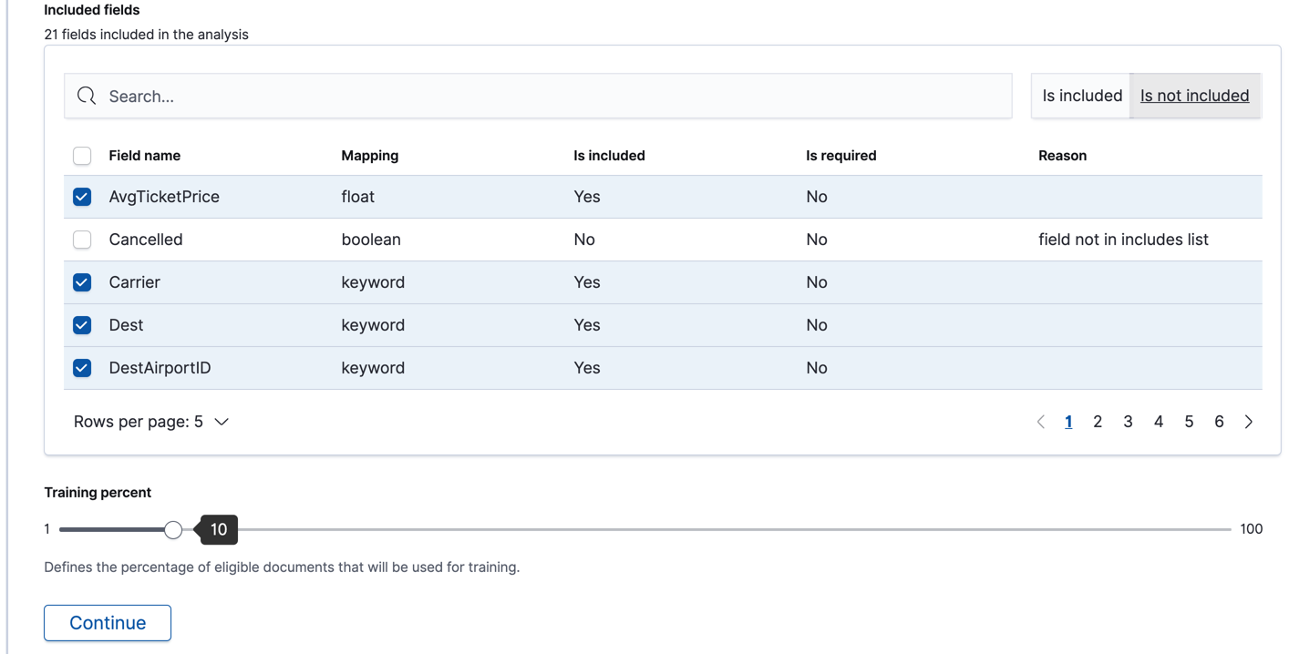 Creating a data frame analytics job in Kibana – continued