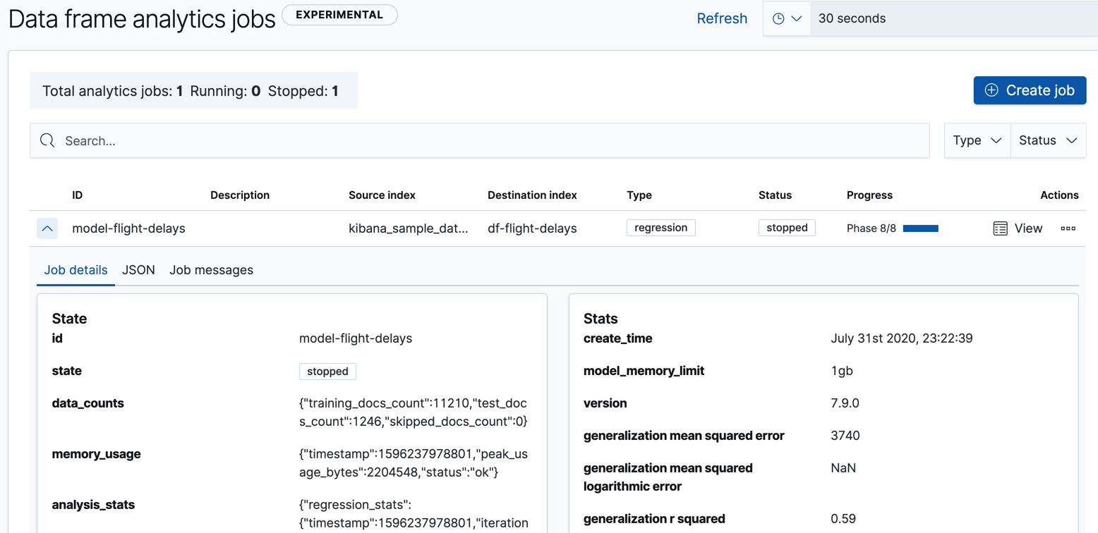 Statistics for a data frame analytics job in Kibana