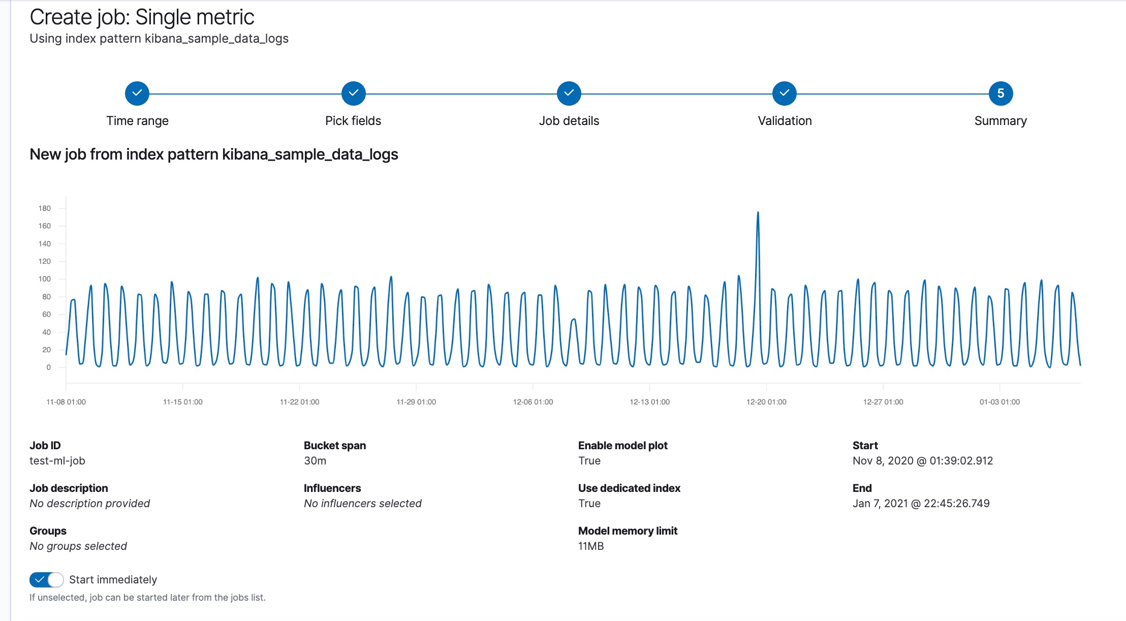 Example screenshot from the single metric job wizard in Kibana