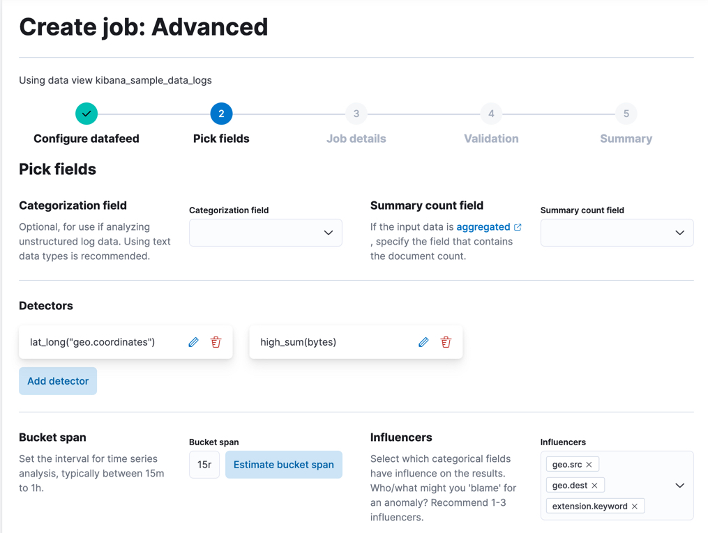 A screenshot of creating an anomaly detection job using the web logs data in Kibana