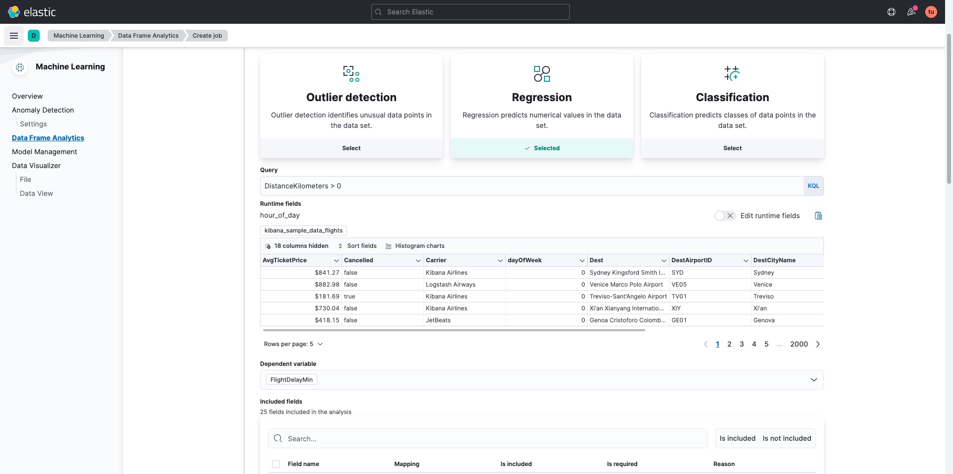 Creating a data frame analytics job in Kibana