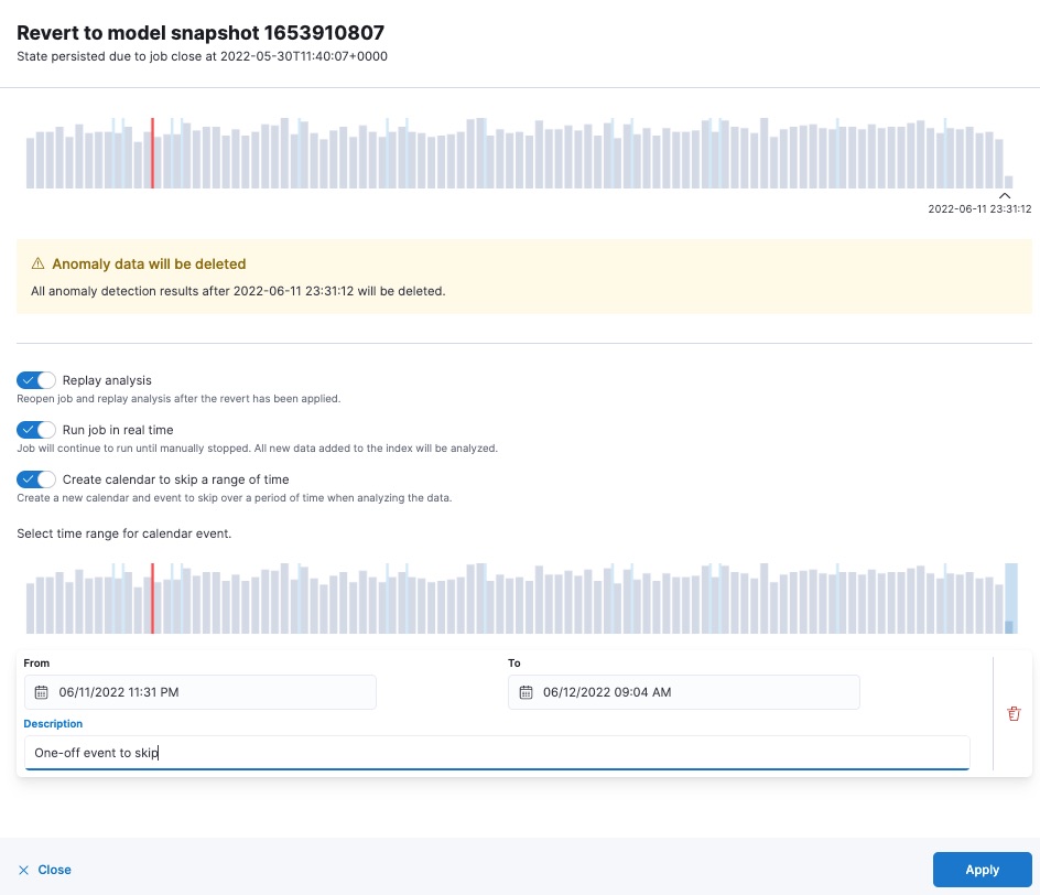 A screenshot of a revert model snapshot flyout