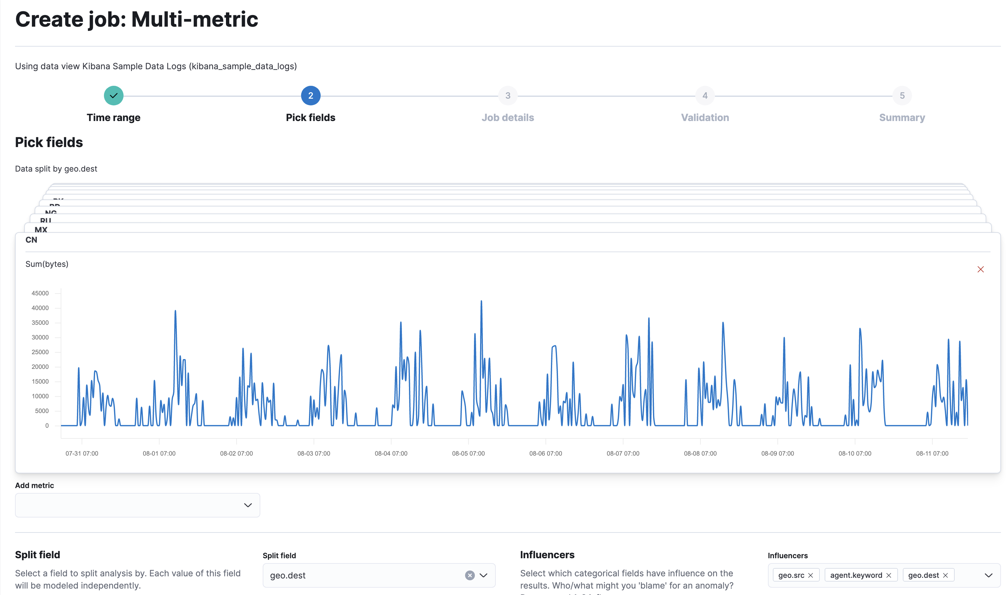 A screenshot of creating an anomaly detection job using the web logs data in Kibana