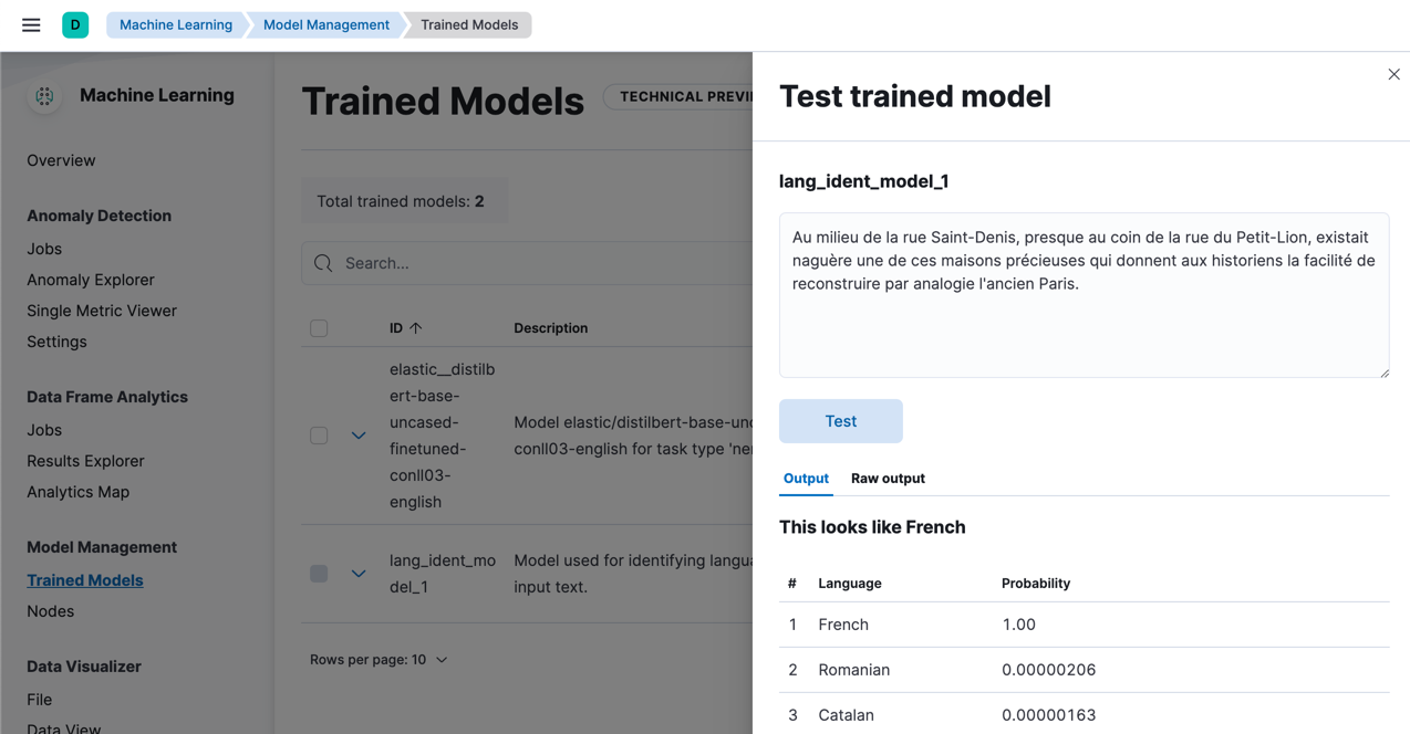 Testing a French phrase against the language identification trained model in the *machine learning* app