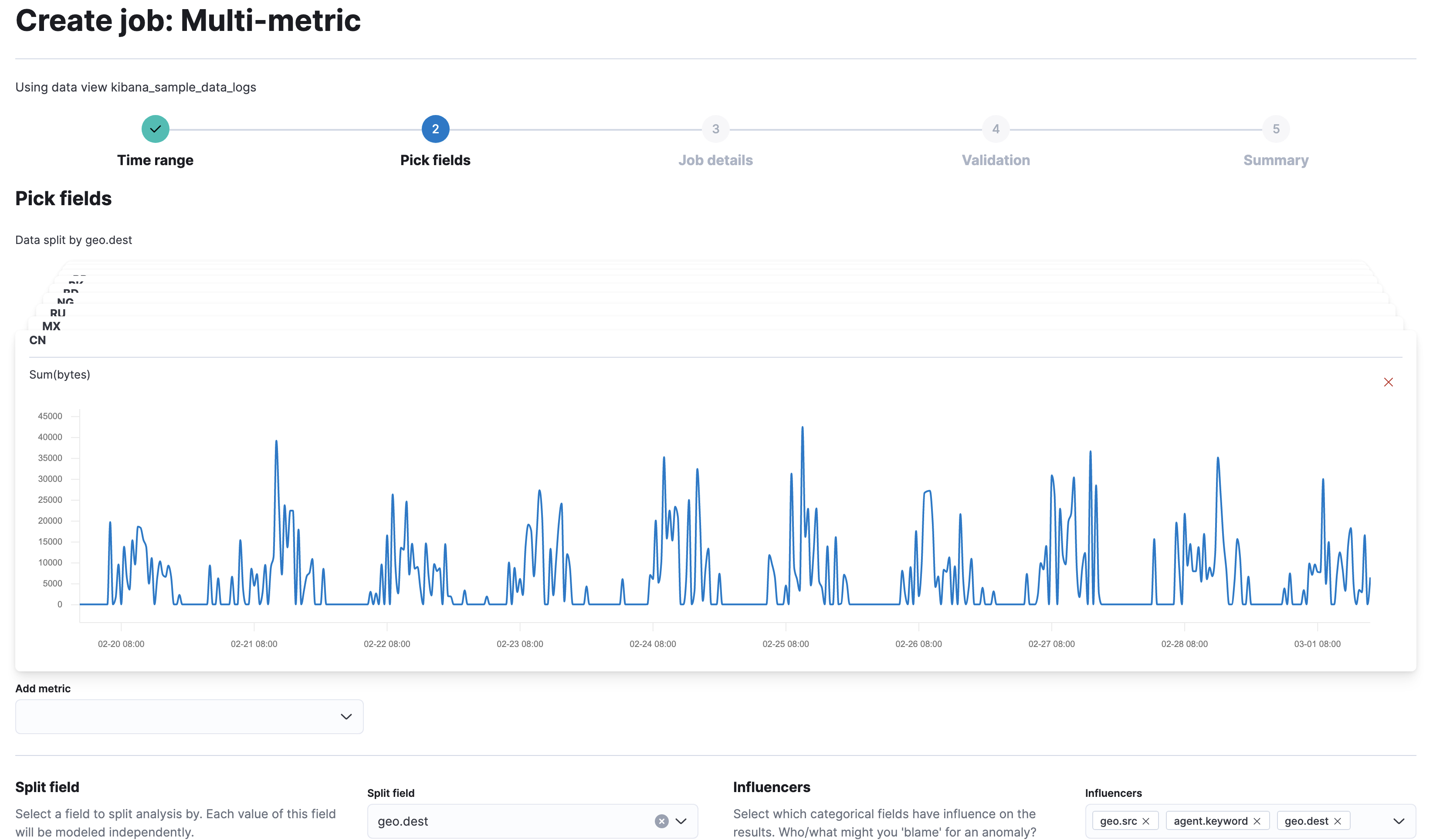 A screenshot of creating an anomaly detection job using the web logs data in Kibana