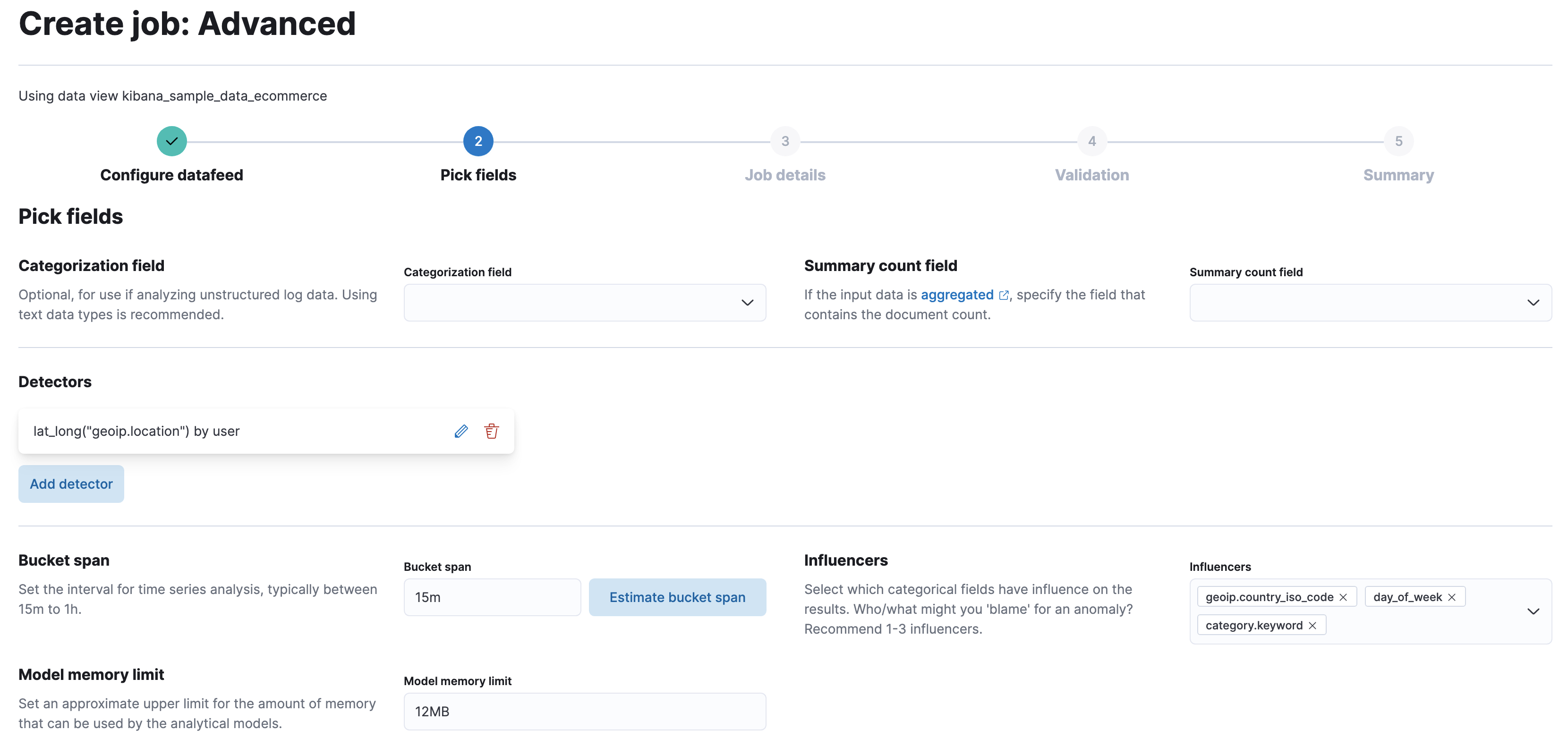 A screenshot of creating an anomaly detection job using the eCommerce data in Kibana