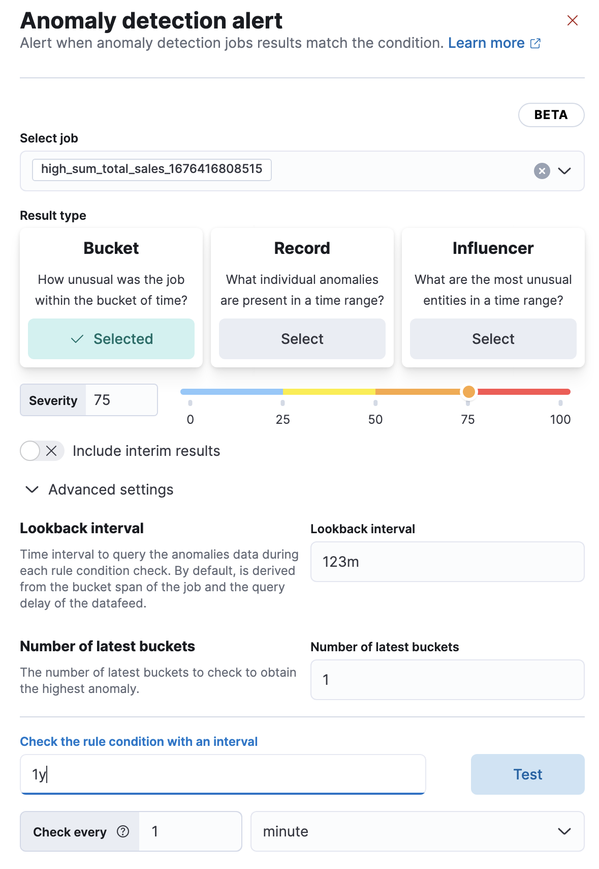 Selecting result type, severity, and test interval