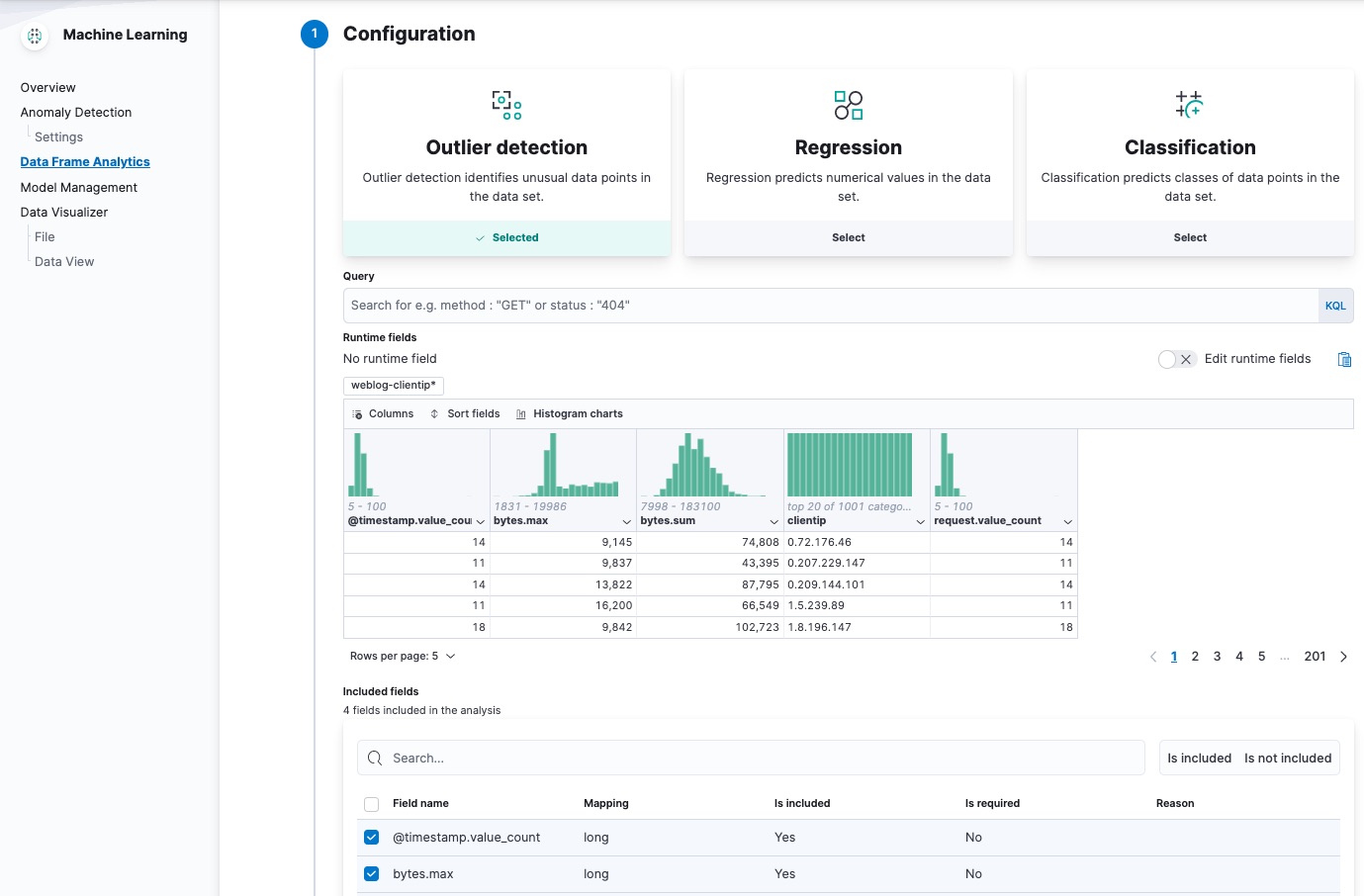 Create a data frame analytics job in Kibana