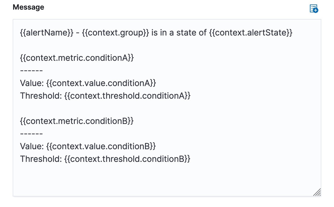 The default infrastructure threshold alert message detailing advanced variables