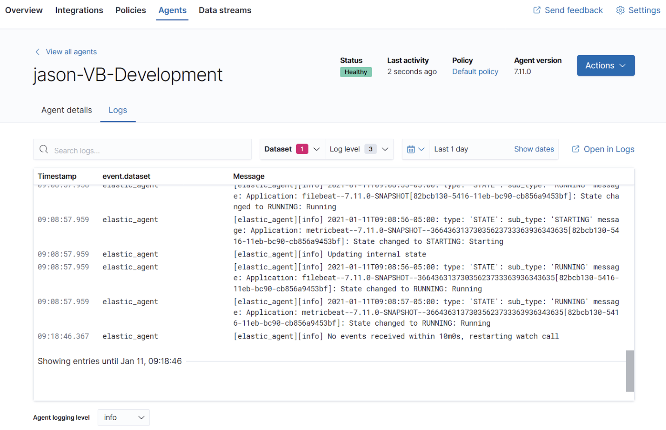 Elastic agent logs