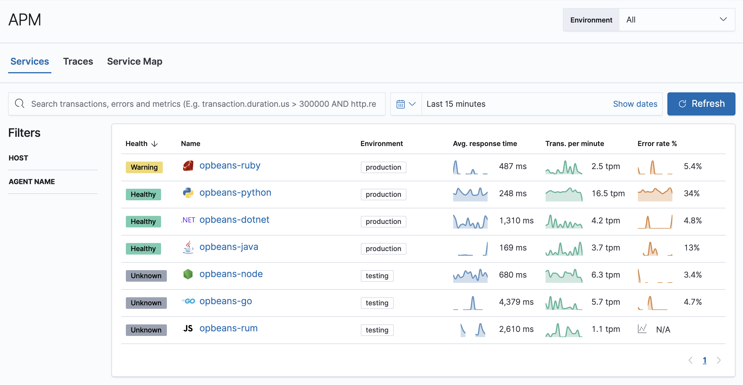 APM app in Kibana