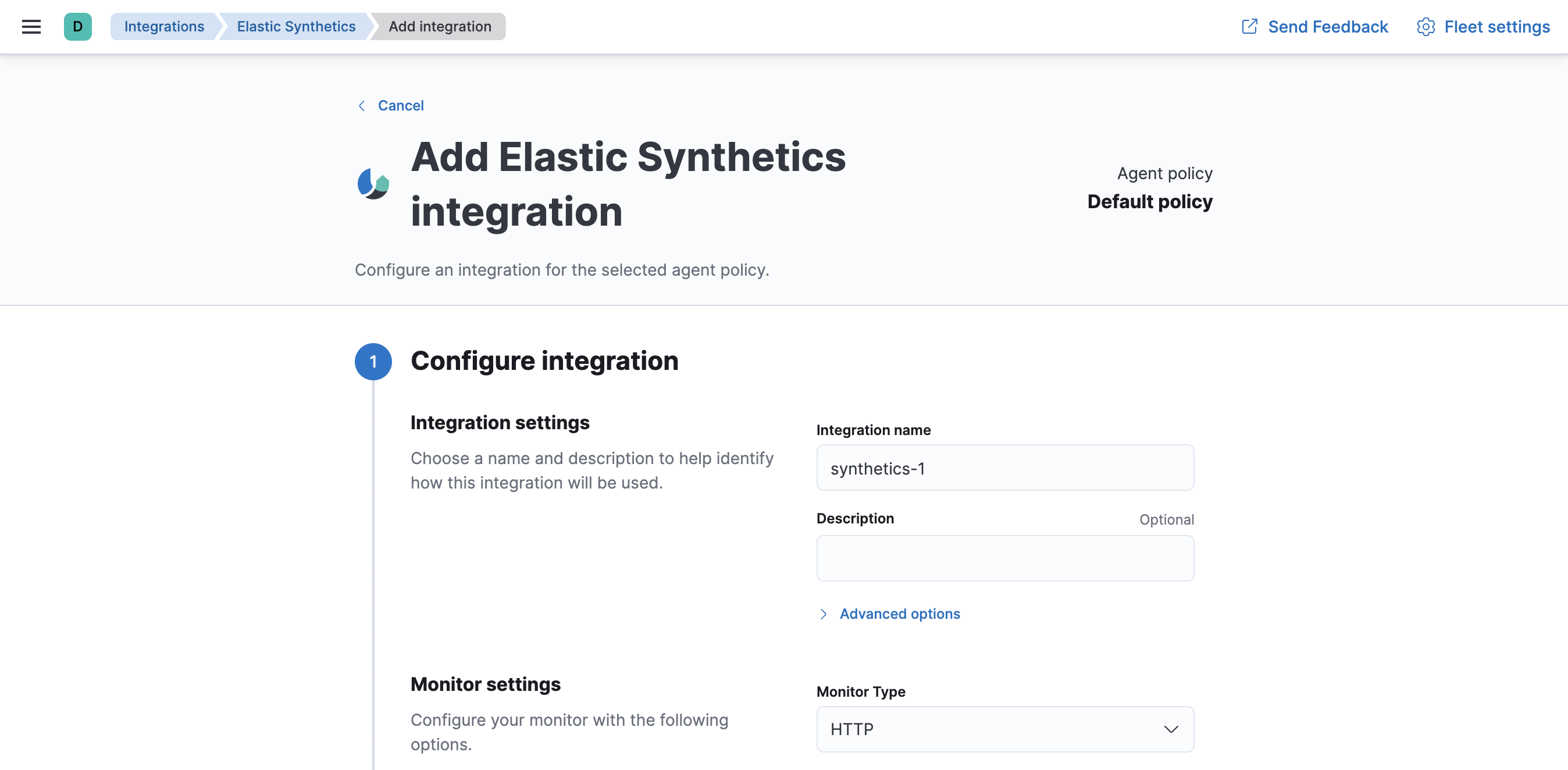 Fleet Add Synthetics integration page