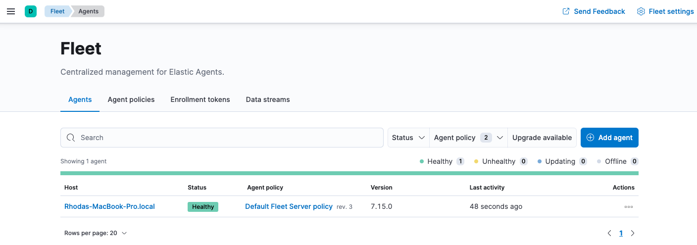 Agent tab showing a healthy agent enrolled in the Default Fleet Server policy