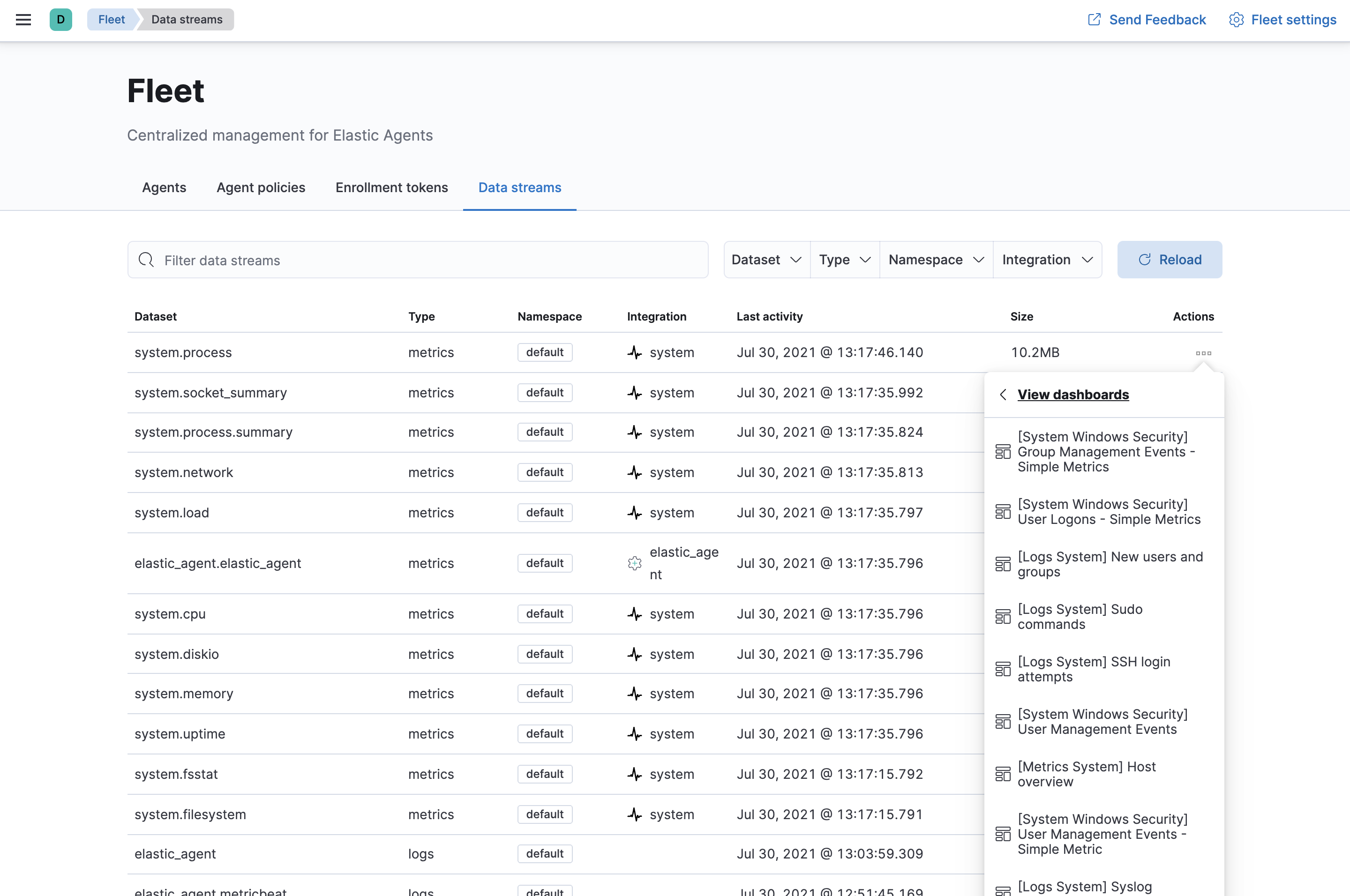 Fleet showing data streams list