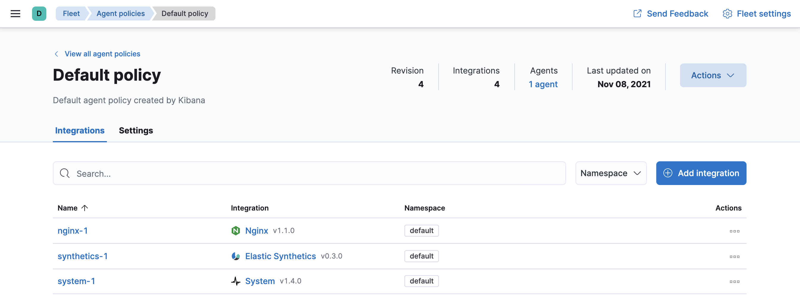 Fleet showing default agent policy with nginx-1 datasource