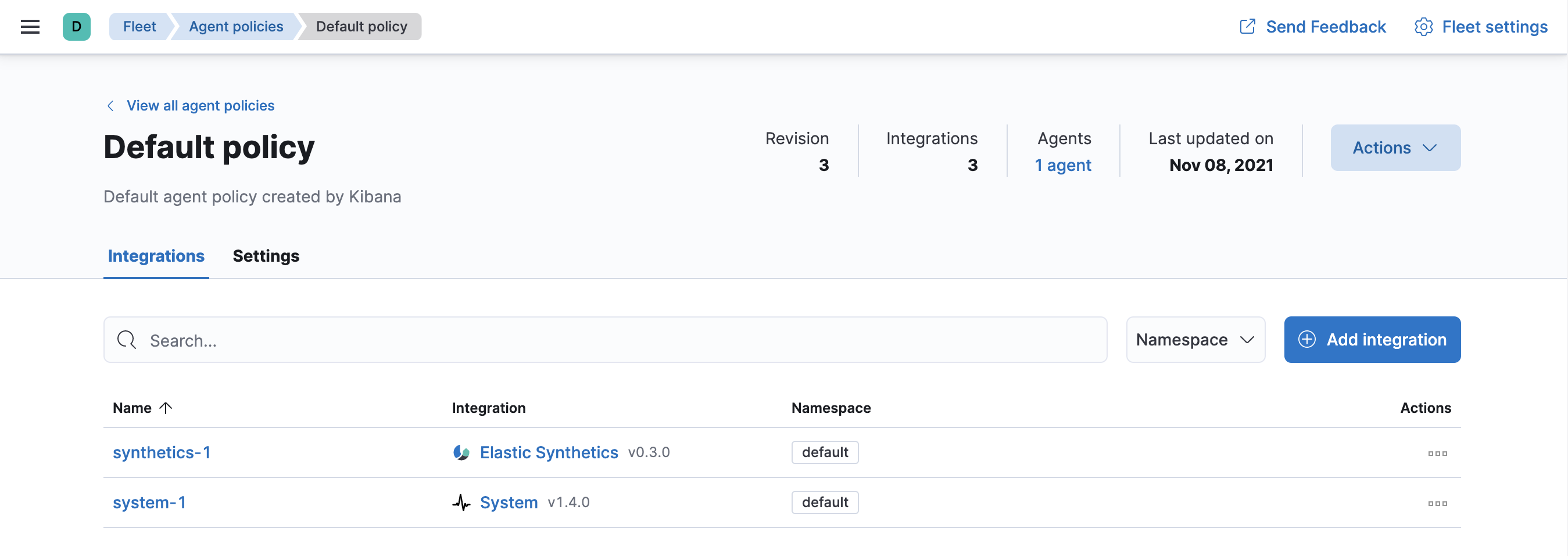 Fleet showing default agent policy with synthetics-1 datasource