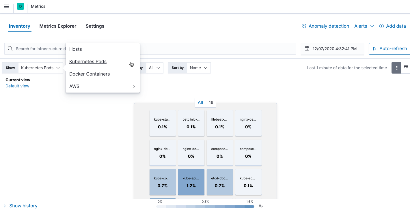 Inventory page that shows Kubernetes pods