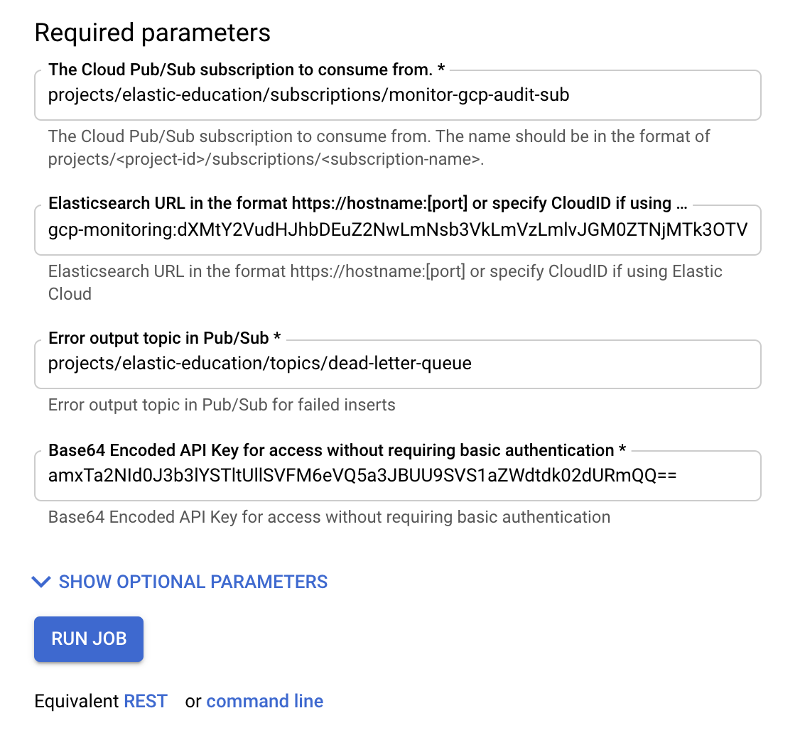 GCP Dataflow Required Parameters