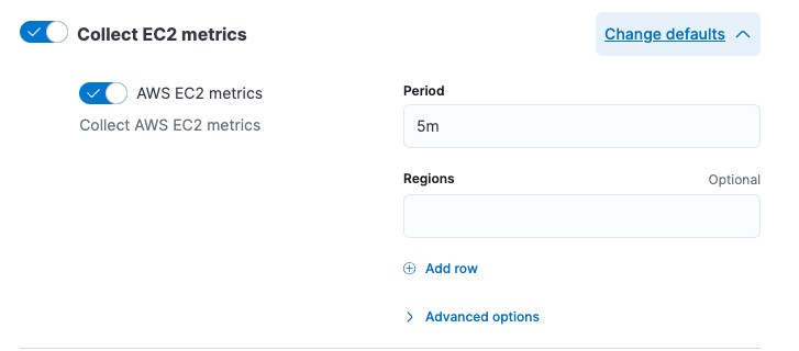 Screenshot of settings to collect EC2 metrics