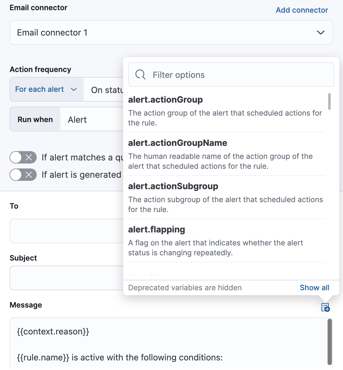 Default notification message for metrics threshold rules with open "Add variable" popup listing available action variables