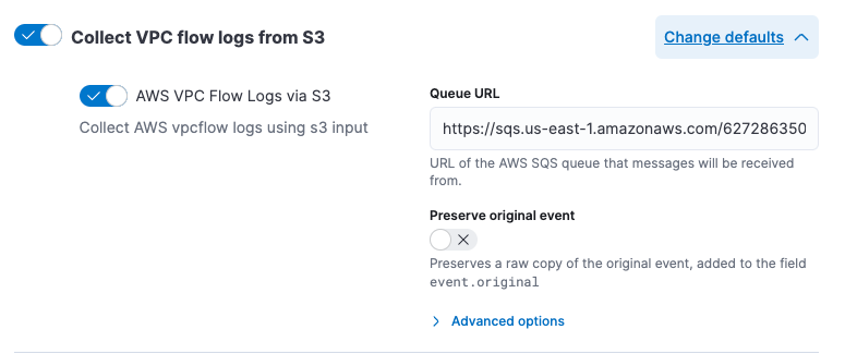 Screenshot of the VPC flow configuration with the Queue URL specified